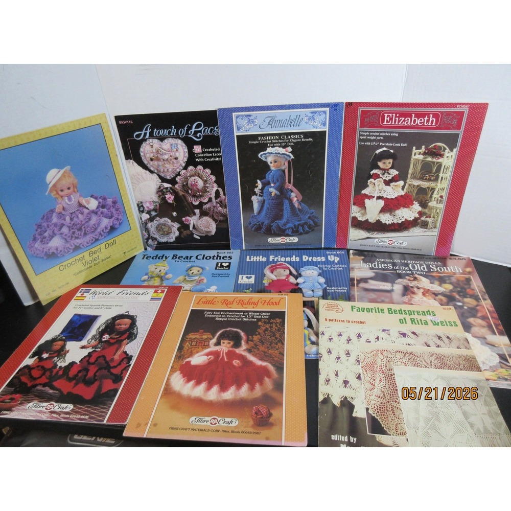 Vintage Fibre-Craft Crochet Pattern Book Lot Doll Clothes Teddy Bear Bedspreads